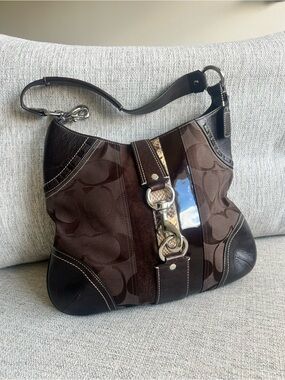 Coach Dark Brown Patchwork Logo Hobo with Silver Hardware